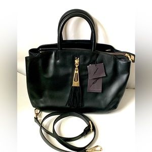 Designer Brian Atwood Leather AHAVEN Tassel Zip Pocket BLACK Tote Hand Bag NWT